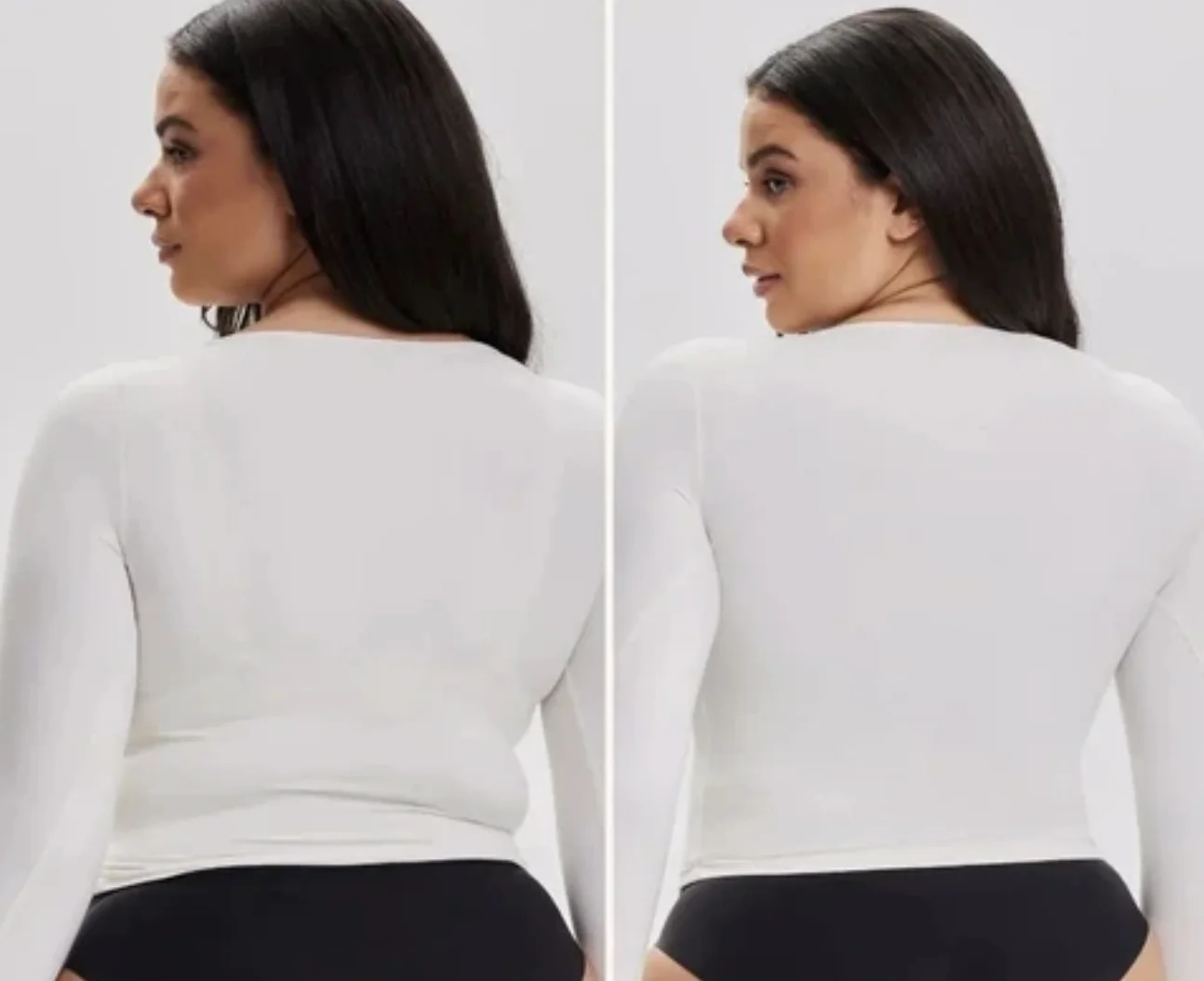 Stessa modella di schiena con maglia bianca: a sinistra senza Jelly Flex, a destra con Jelly Flex