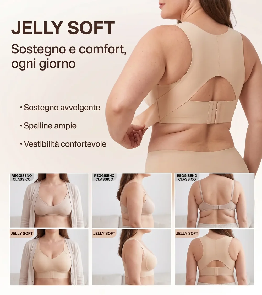 Grafica in italiano: in alto la modella di tre quarti di schiena che indica il pannello laterale del Jelly Soft Beige, con i punti Sostegno avvolgente, Spalline ampie, Vestibilità confortevole; in basso sei foto, tre etichettate REGGISENO CLASSICO e tre JELLY SOFT, di fronte, di lato e di schiena
