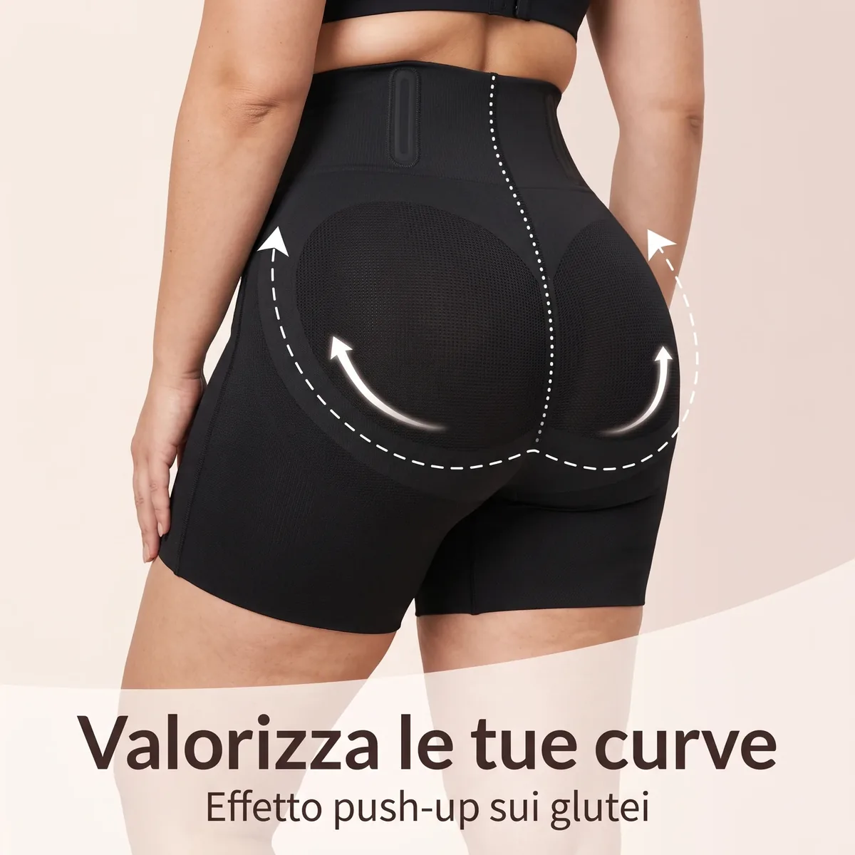 Linea Nero indossato, vista di schiena con frecce curve e le scritte Valorizza le tue curve, Effetto push-up sui glutei
