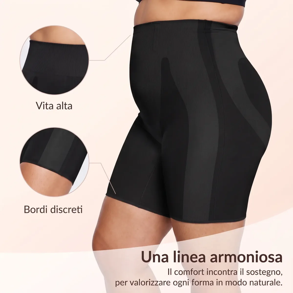 Infografica Linea Nero di profilo con due cerchi di dettaglio e le scritte Vita alta, Bordi discreti, Una linea armoniosa